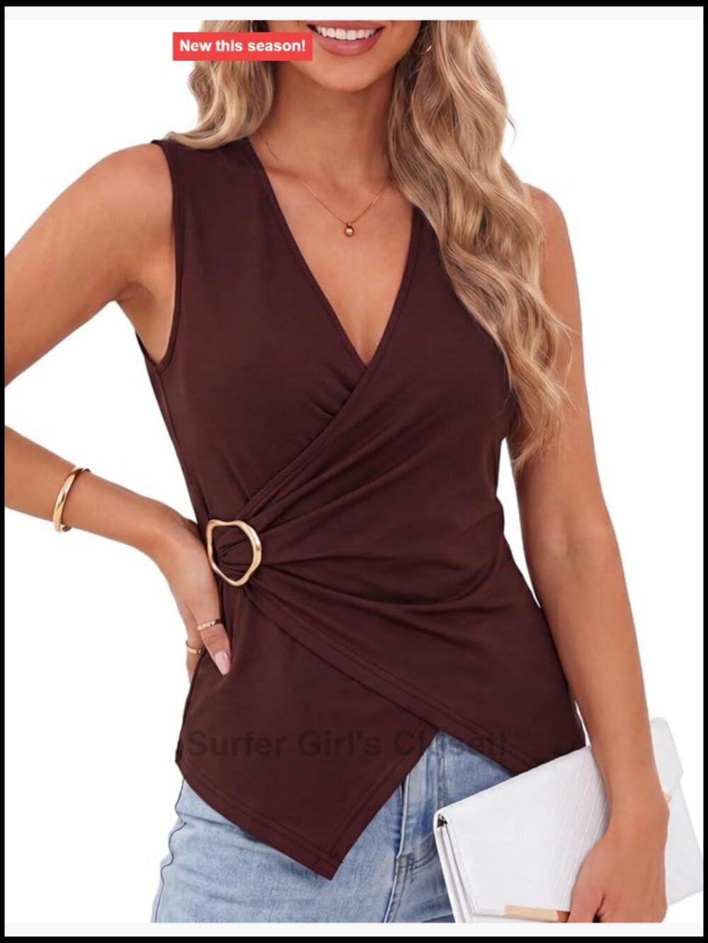 Sleeveless Slim Fit Tank Top with Metal Buckle Ruched Waist